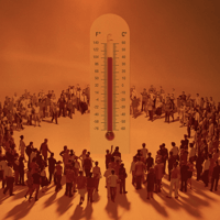 A ring of people surrounding a thermometer. The generated photo has an orange hue.