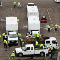 An aerial drone view as workers head to their vehicles just after sunrise to start their workday at the headquarters of TruScapes Industries Inc. in Bradenton. A 31-year-old temporary laborer died of heatstroke while working for the company in 2022. [ DIRK SHADD | Times ]