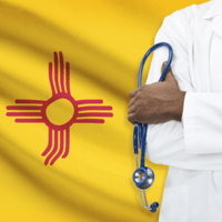 New Mexico flag with a doctor in a white coat holding a stethoscope in front of it.