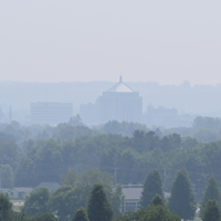 In central Wisconsin, smoke from Canadian wildfires obscures the view of Wausau, Tuesday, June 27, 2023.